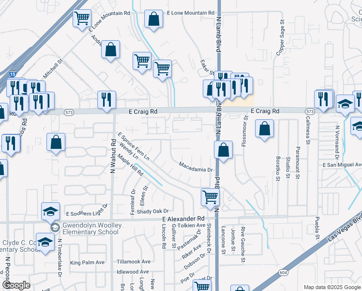 map of restaurants, bars, coffee shops, grocery stores, and more near 4150 East Pohickery Court in Las Vegas