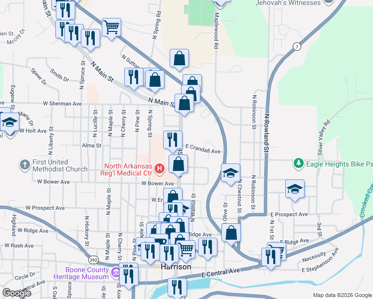 map of restaurants, bars, coffee shops, grocery stores, and more near 813 North Main Street in Harrison