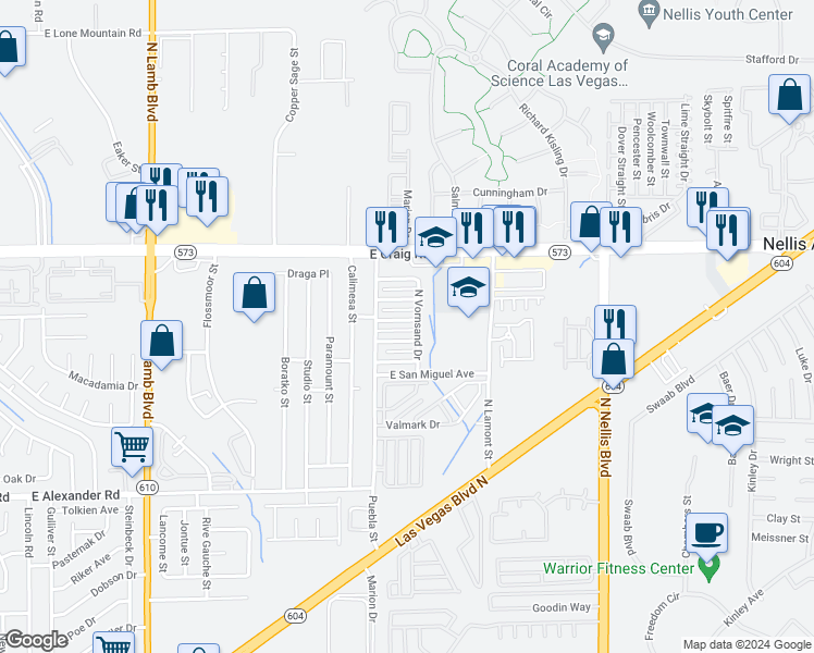 map of restaurants, bars, coffee shops, grocery stores, and more near 4343 North Vornsand Drive in Las Vegas