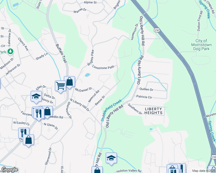 map of restaurants, bars, coffee shops, grocery stores, and more near 2208 Crown Circle in Morristown