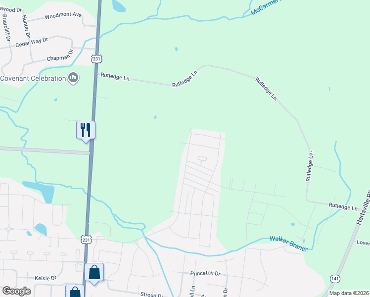 map of restaurants, bars, coffee shops, grocery stores, and more near 403 Rutledge Lane in Lebanon