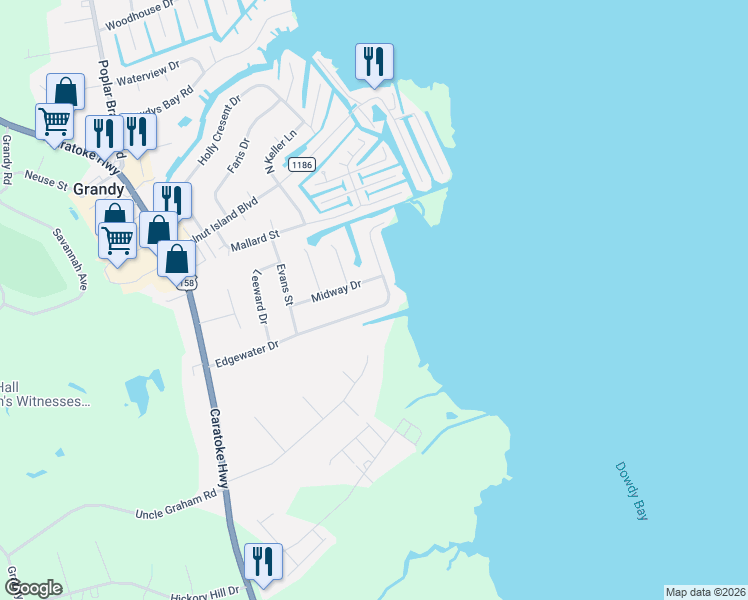 map of restaurants, bars, coffee shops, grocery stores, and more near 141 Edgewater Drive in Grandy