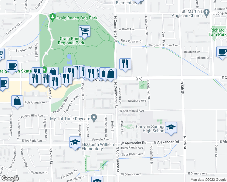 map of restaurants, bars, coffee shops, grocery stores, and more near 4330 Westbury Square Street in North Las Vegas