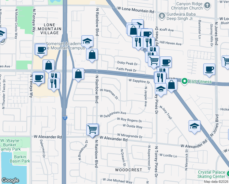 map of restaurants, bars, coffee shops, grocery stores, and more near 6632 West Hartman Street in Las Vegas