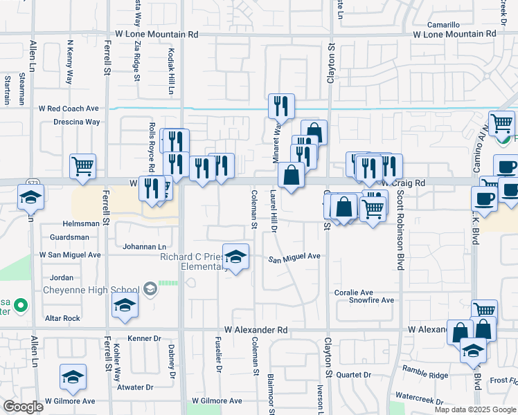 map of restaurants, bars, coffee shops, grocery stores, and more near 2465 West Craig Road in North Las Vegas