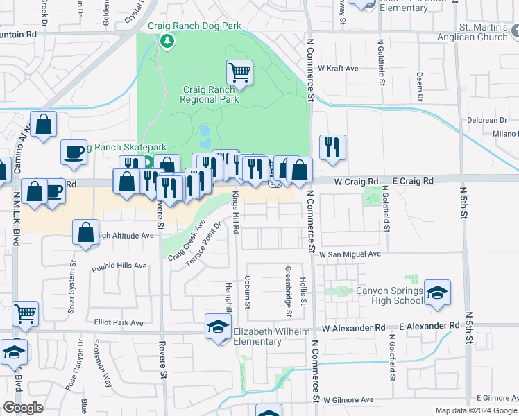 map of restaurants, bars, coffee shops, grocery stores, and more near 435 Westminster Hall Avenue in North Las Vegas