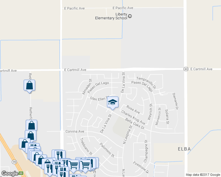 map of restaurants, bars, coffee shops, grocery stores, and more near 2502 Dover Canyon Drive in Tulare