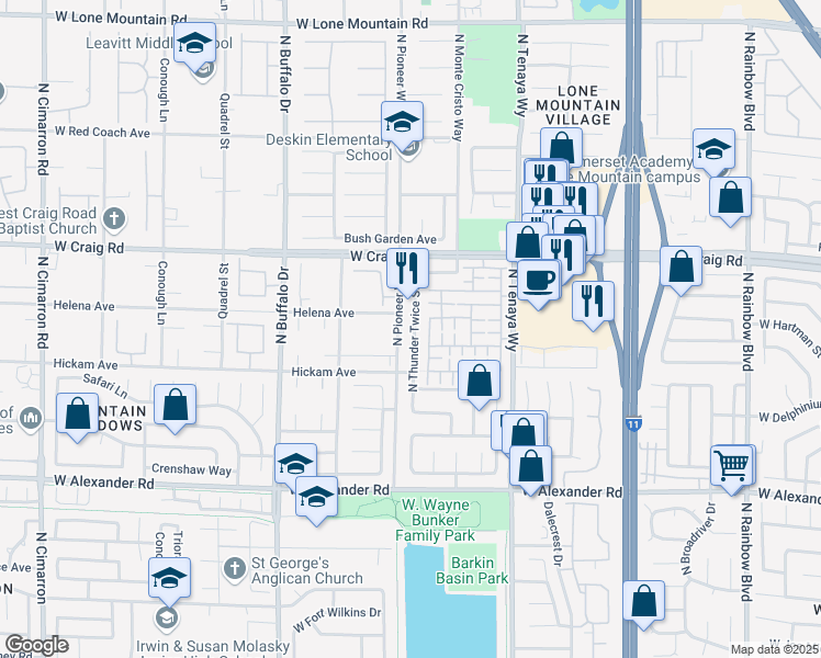 map of restaurants, bars, coffee shops, grocery stores, and more near 4253 North Thunder Twice Street in Las Vegas