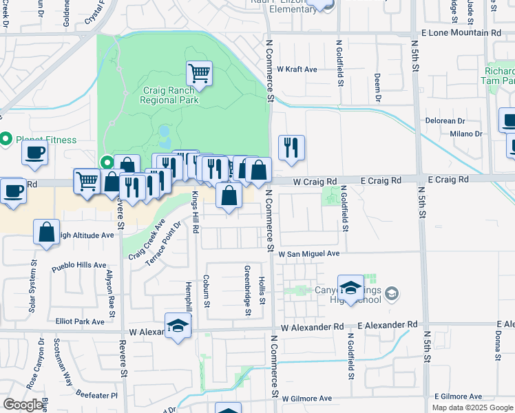 map of restaurants, bars, coffee shops, grocery stores, and more near 310 Clarence House Avenue in North Las Vegas