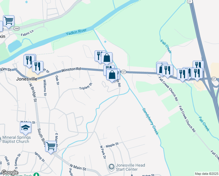 map of restaurants, bars, coffee shops, grocery stores, and more near 105 Valley Drive in Jonesville
