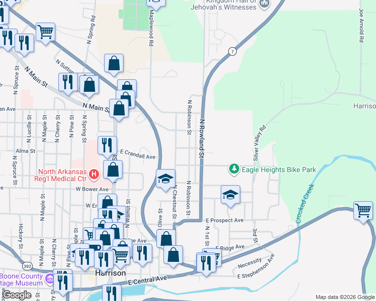 map of restaurants, bars, coffee shops, grocery stores, and more near 801 North Robinson Street in Harrison