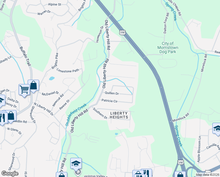 map of restaurants, bars, coffee shops, grocery stores, and more near 2371 Patricia Circle in Morristown