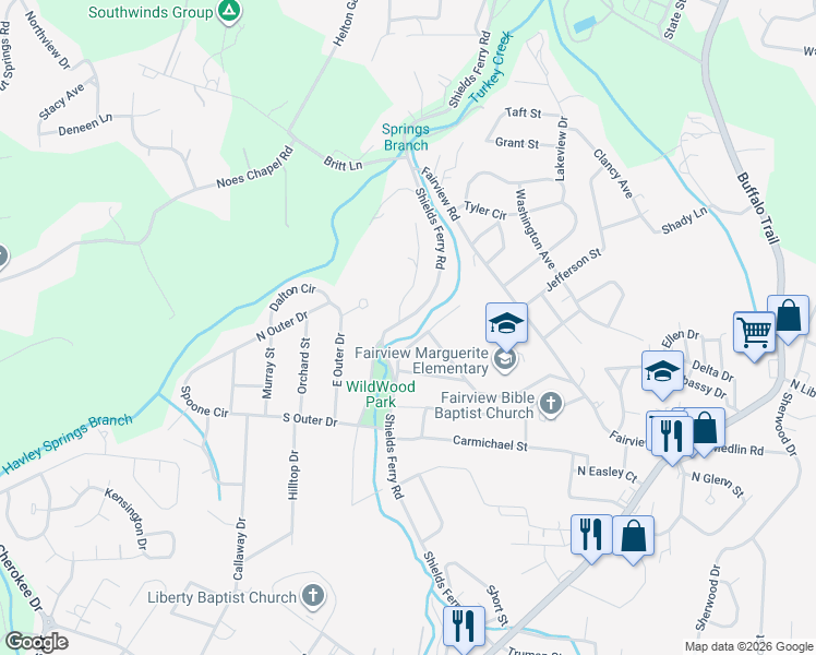 map of restaurants, bars, coffee shops, grocery stores, and more near 2105 Thomas Drive in Morristown