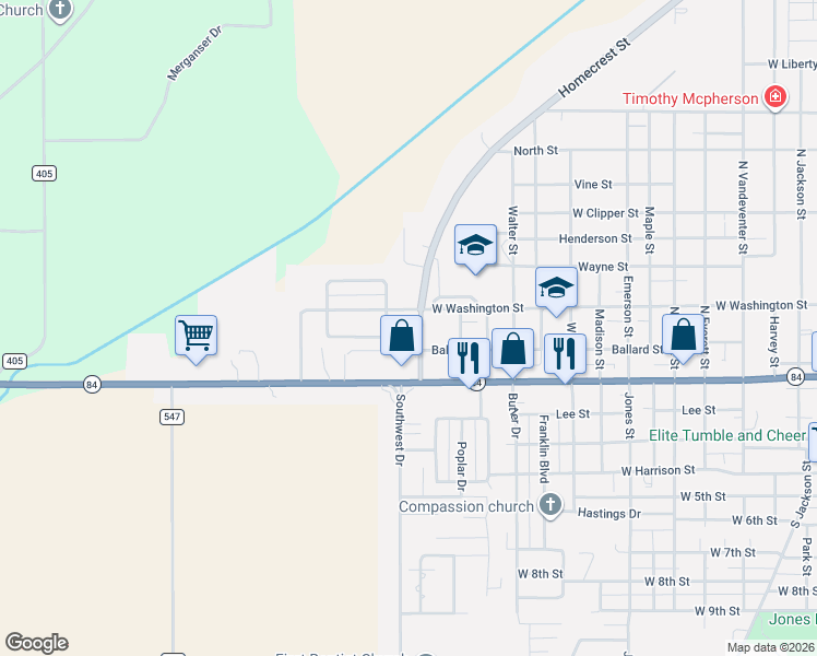 map of restaurants, bars, coffee shops, grocery stores, and more near 1487-1575 West Washington Street in Kennett