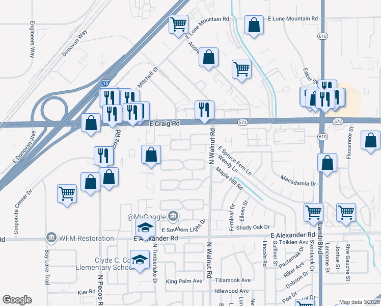 map of restaurants, bars, coffee shops, grocery stores, and more near 3845 East Spruce Fern Lane in Las Vegas