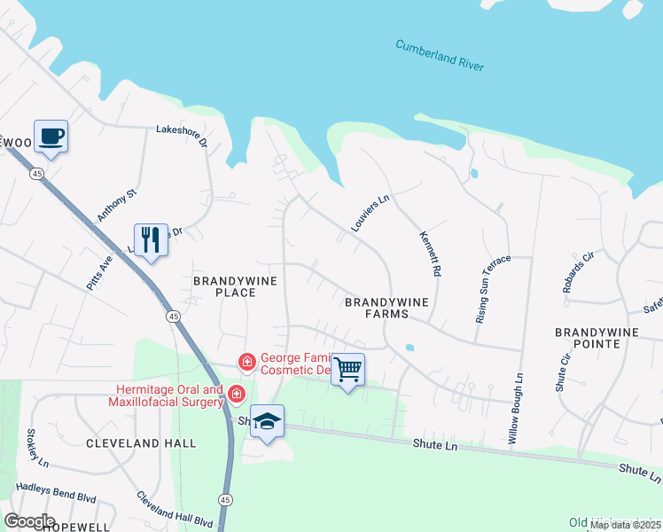 map of restaurants, bars, coffee shops, grocery stores, and more near 205 Rising Sun Lane in Nashville