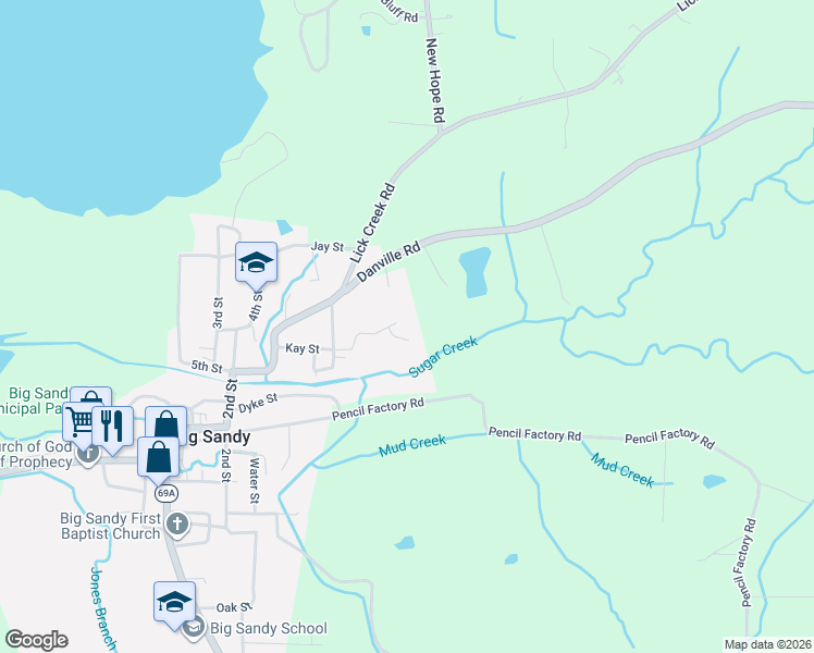 map of restaurants, bars, coffee shops, grocery stores, and more near 295 Kay Street in Big Sandy