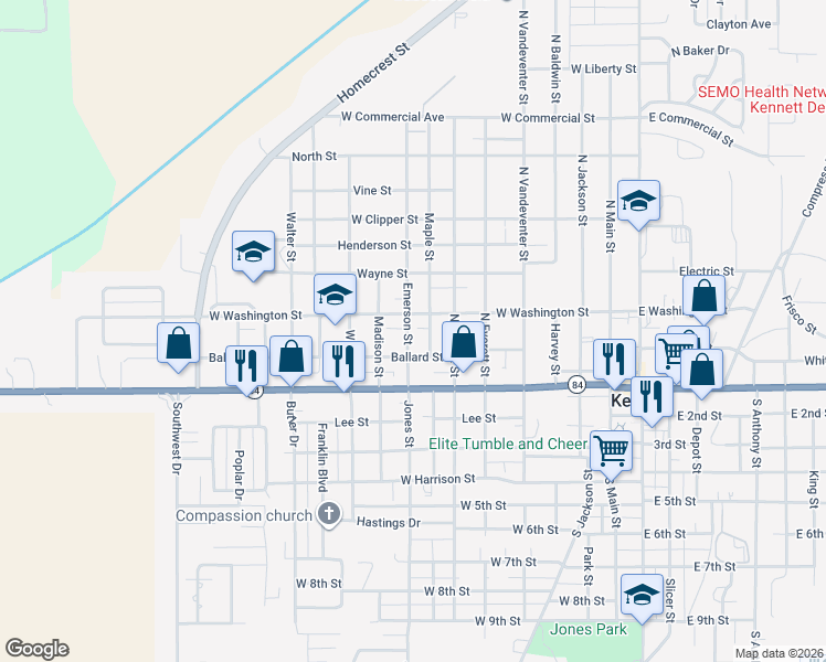 map of restaurants, bars, coffee shops, grocery stores, and more near 210 Emerson Street in Kennett