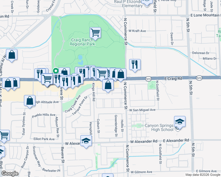 map of restaurants, bars, coffee shops, grocery stores, and more near 4355 Braeburn Glen Street in North Las Vegas