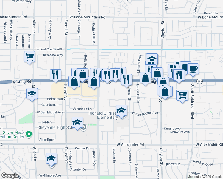 map of restaurants, bars, coffee shops, grocery stores, and more near 2625 West Craig Road in North Las Vegas