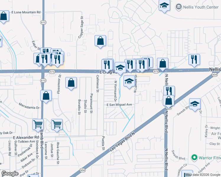 map of restaurants, bars, coffee shops, grocery stores, and more near 4343 North Vornsand Drive in Las Vegas