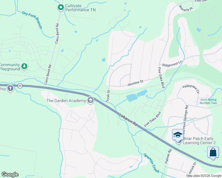 map of restaurants, bars, coffee shops, grocery stores, and more near 2734 Jasmine Street in Lebanon
