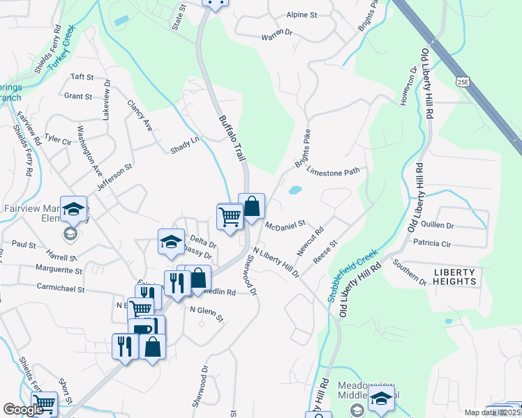 map of restaurants, bars, coffee shops, grocery stores, and more near 2126 Brights Pike in Morristown