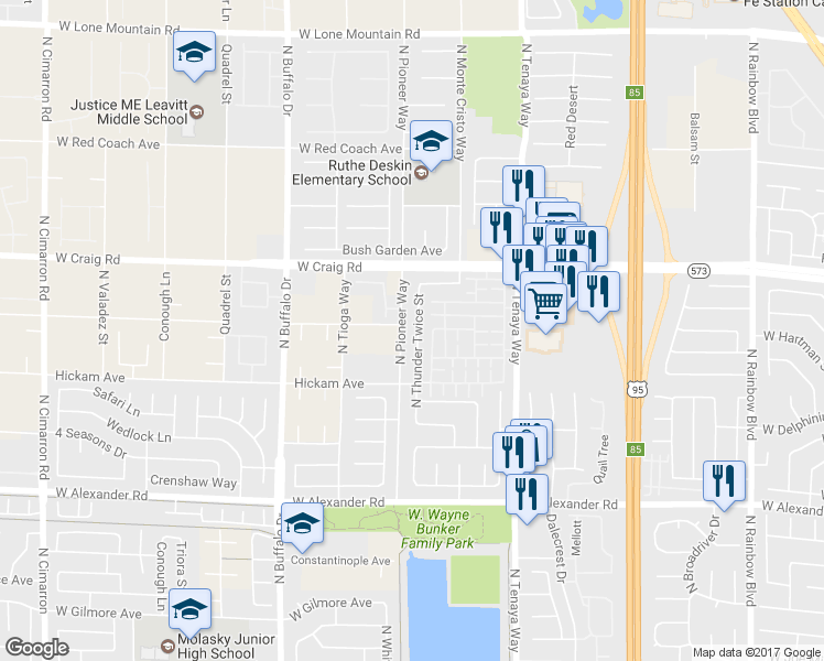 map of restaurants, bars, coffee shops, grocery stores, and more near 4265 North Thunder Twice Street in Las Vegas