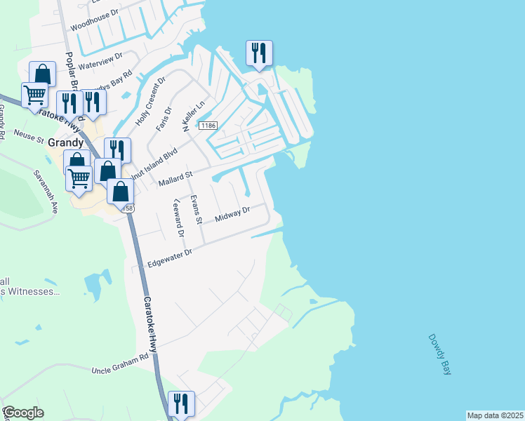 map of restaurants, bars, coffee shops, grocery stores, and more near 141 Edgewater Drive in Grandy