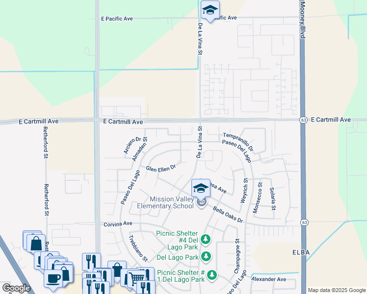 map of restaurants, bars, coffee shops, grocery stores, and more near 2502 Dover Canyon Drive in Tulare