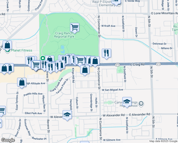 map of restaurants, bars, coffee shops, grocery stores, and more near 4375 Braeburn Glen Street in North Las Vegas