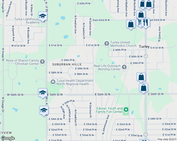 map of restaurants, bars, coffee shops, grocery stores, and more near 566 East 59th Street North in Tulsa