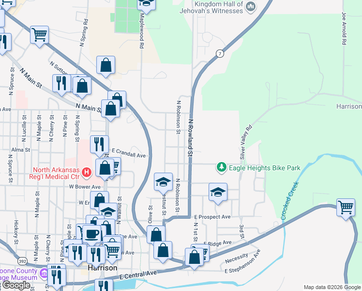 map of restaurants, bars, coffee shops, grocery stores, and more near 801 North Robinson Street in Harrison