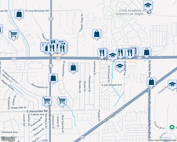 map of restaurants, bars, coffee shops, grocery stores, and more near 4323 Paramount Street in Las Vegas