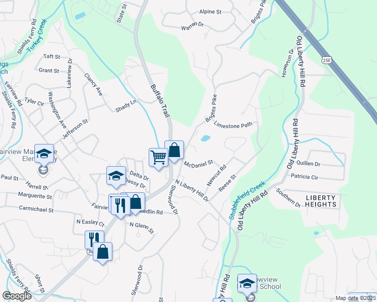map of restaurants, bars, coffee shops, grocery stores, and more near 2126 Brights Pike in Morristown