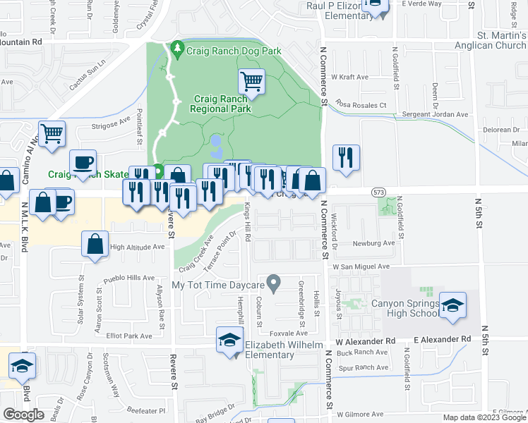 map of restaurants, bars, coffee shops, grocery stores, and more near 470 Westminster Hall Avenue in North Las Vegas