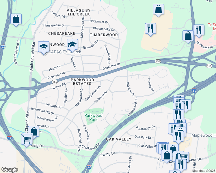 map of restaurants, bars, coffee shops, grocery stores, and more near 3259 Vailview Drive in Nashville