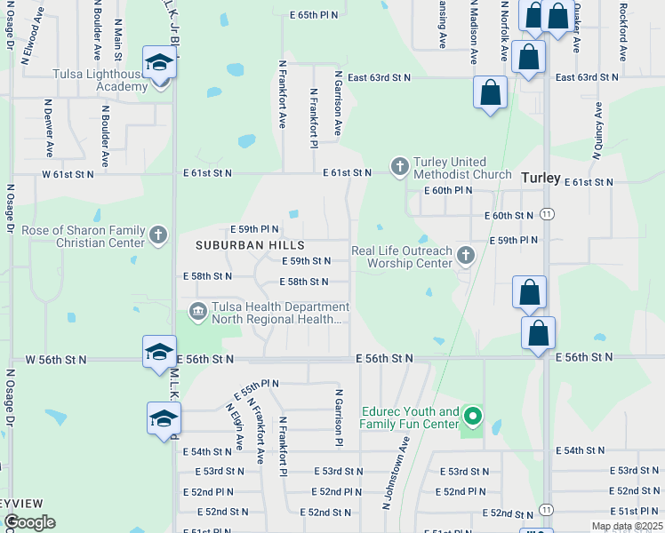 map of restaurants, bars, coffee shops, grocery stores, and more near 566 East 59th Street North in Tulsa