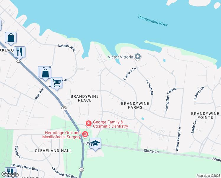 map of restaurants, bars, coffee shops, grocery stores, and more near 205 Rising Sun Lane in Nashville