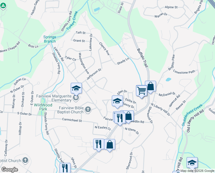 map of restaurants, bars, coffee shops, grocery stores, and more near 1552 Stetzer Circle in Morristown