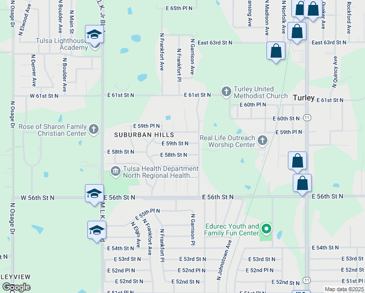 map of restaurants, bars, coffee shops, grocery stores, and more near 566 East 59th Street North in Tulsa