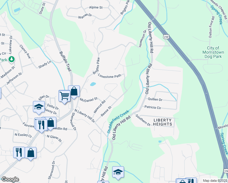 map of restaurants, bars, coffee shops, grocery stores, and more near 2208 Crown Circle in Morristown