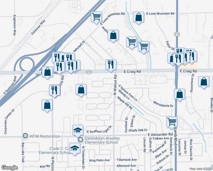 map of restaurants, bars, coffee shops, grocery stores, and more near 3845 East Spruce Fern Lane in Las Vegas