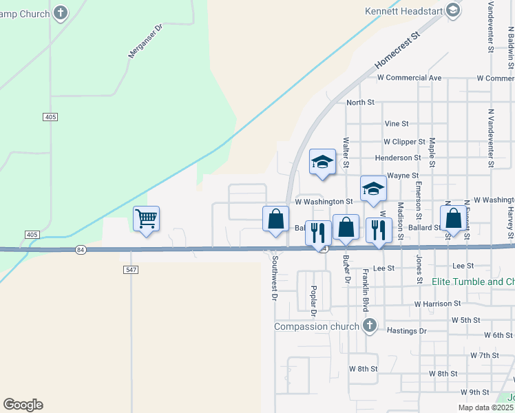 map of restaurants, bars, coffee shops, grocery stores, and more near 1605 West Washington Street in Kennett