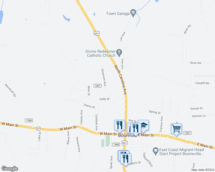 map of restaurants, bars, coffee shops, grocery stores, and more near 108 Sizemore Avenue in Boonville