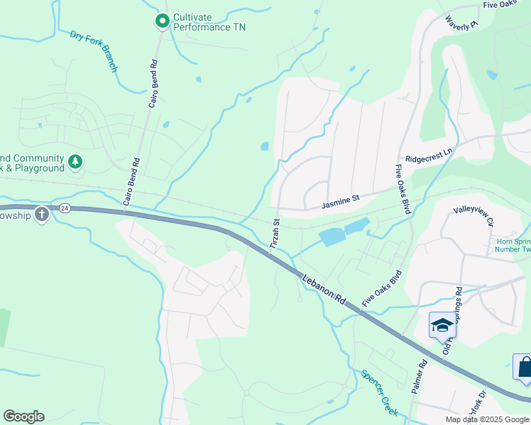 map of restaurants, bars, coffee shops, grocery stores, and more near 2740 Jasmine Street in Lebanon