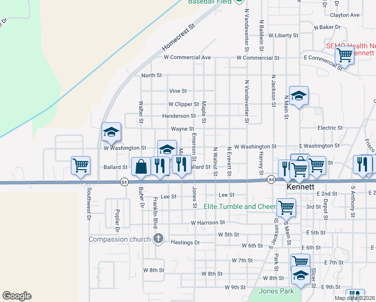 map of restaurants, bars, coffee shops, grocery stores, and more near 210 Emerson Street in Kennett