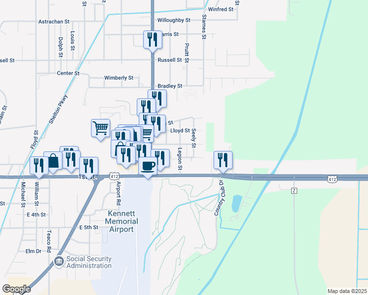 map of restaurants, bars, coffee shops, grocery stores, and more near 202 Legion Street in Kennett