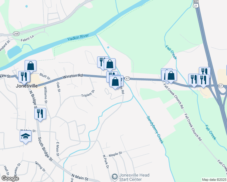 map of restaurants, bars, coffee shops, grocery stores, and more near 105 Valley Drive in Jonesville