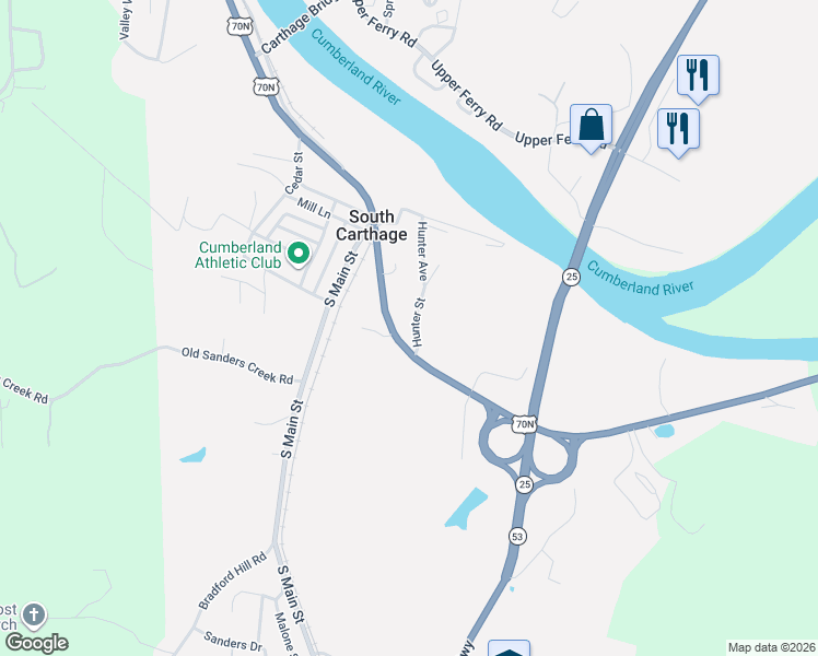 map of restaurants, bars, coffee shops, grocery stores, and more near 75 Cookeville Highway in Carthage